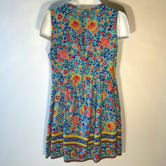Vintage Inspired SZ L Blue Boho Print Floral Dress 100% Cotton Cottage Country - Picture 5 of 9